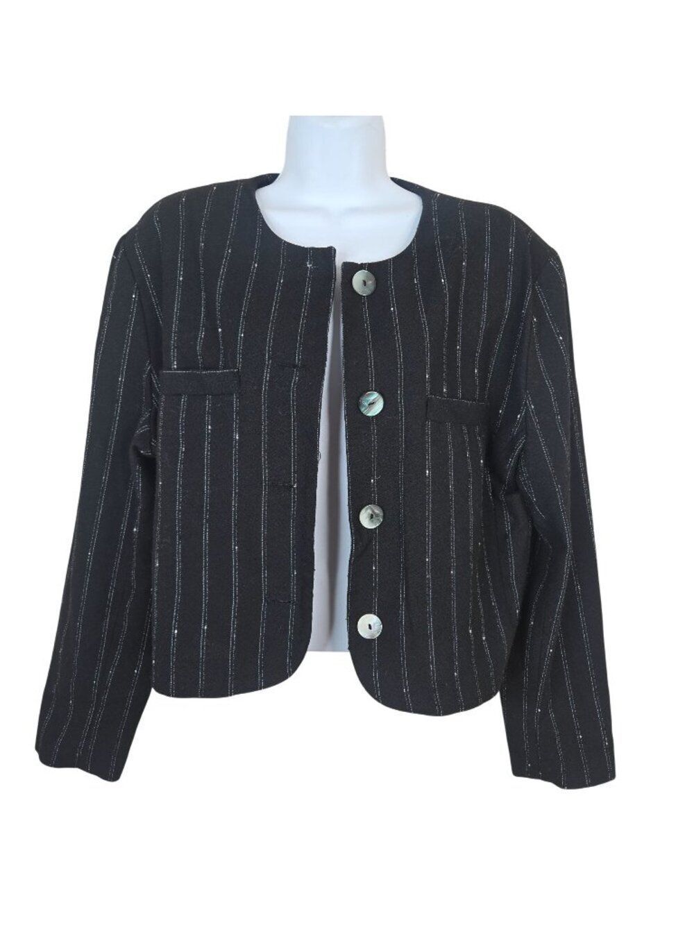 Vintage 80s Black Pinstripe Cropped Jacket Blazer Womens S